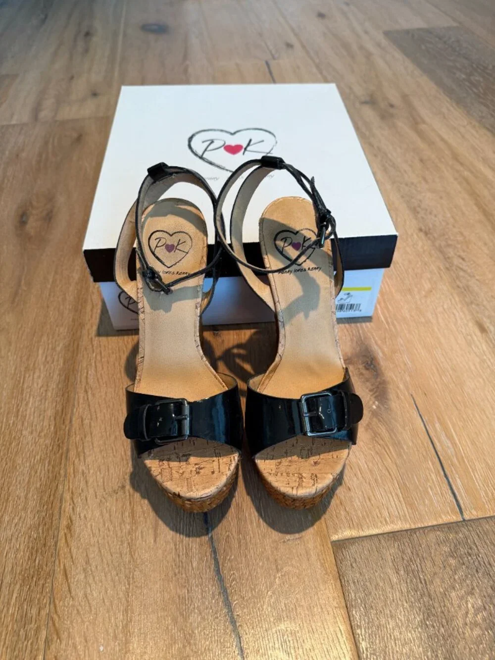 Penny Loves Kenny Black Patent Espadrille Wedges Sandals with Buckle With Box